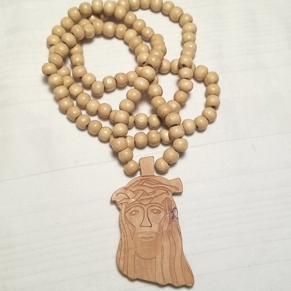 Carved Wood JESUS Bead Necklace - Picture 1 of 5